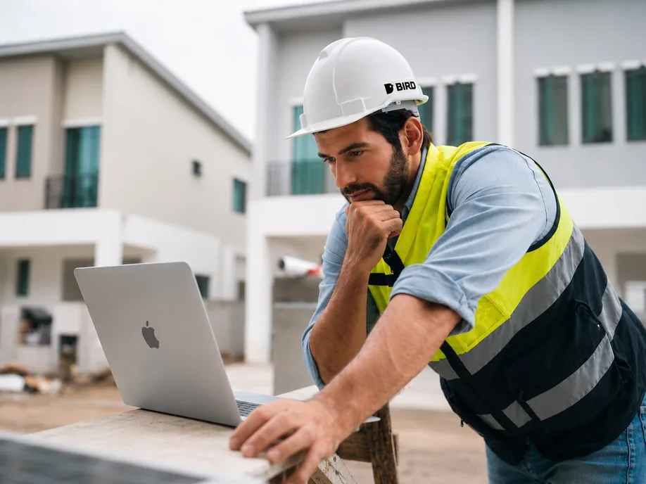 Contractor in a hard hat reviewing plans on a laptop